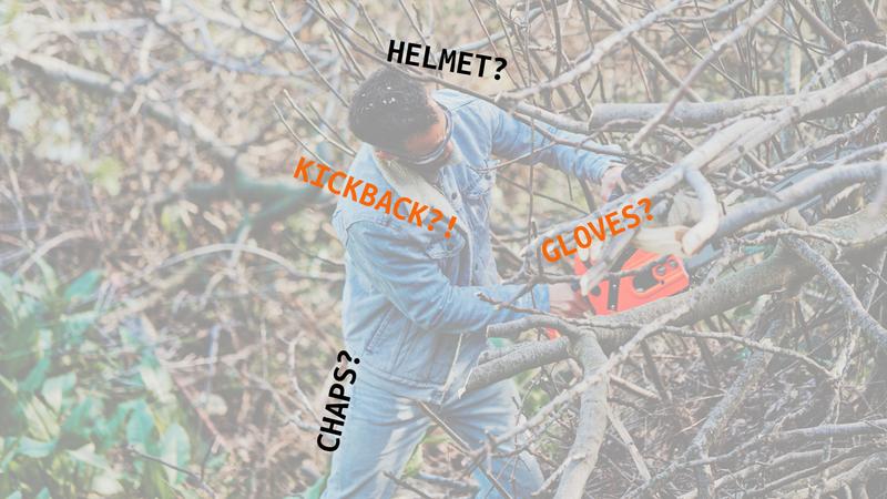 Man without safety gear cutting branches with chainsaw